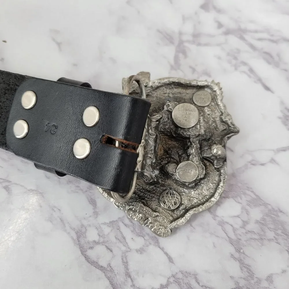 Bergamot Vintage 80s Black Leather Celtic Belt with Silver 2D Dragon Buckle